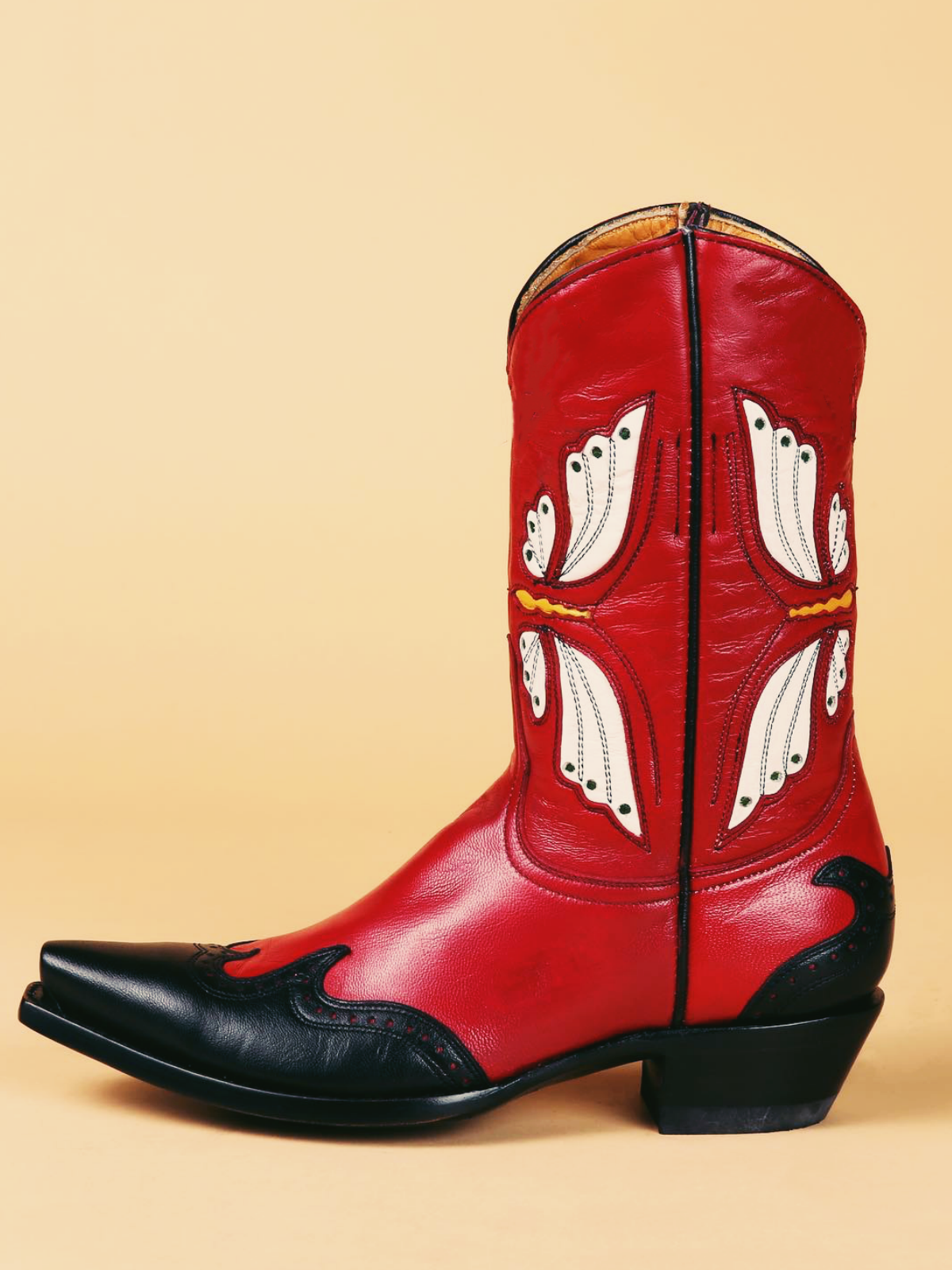 Red Snip-Toe Applique Wide Mid Calf Cowgirl Boots With White Butterfly Inlay