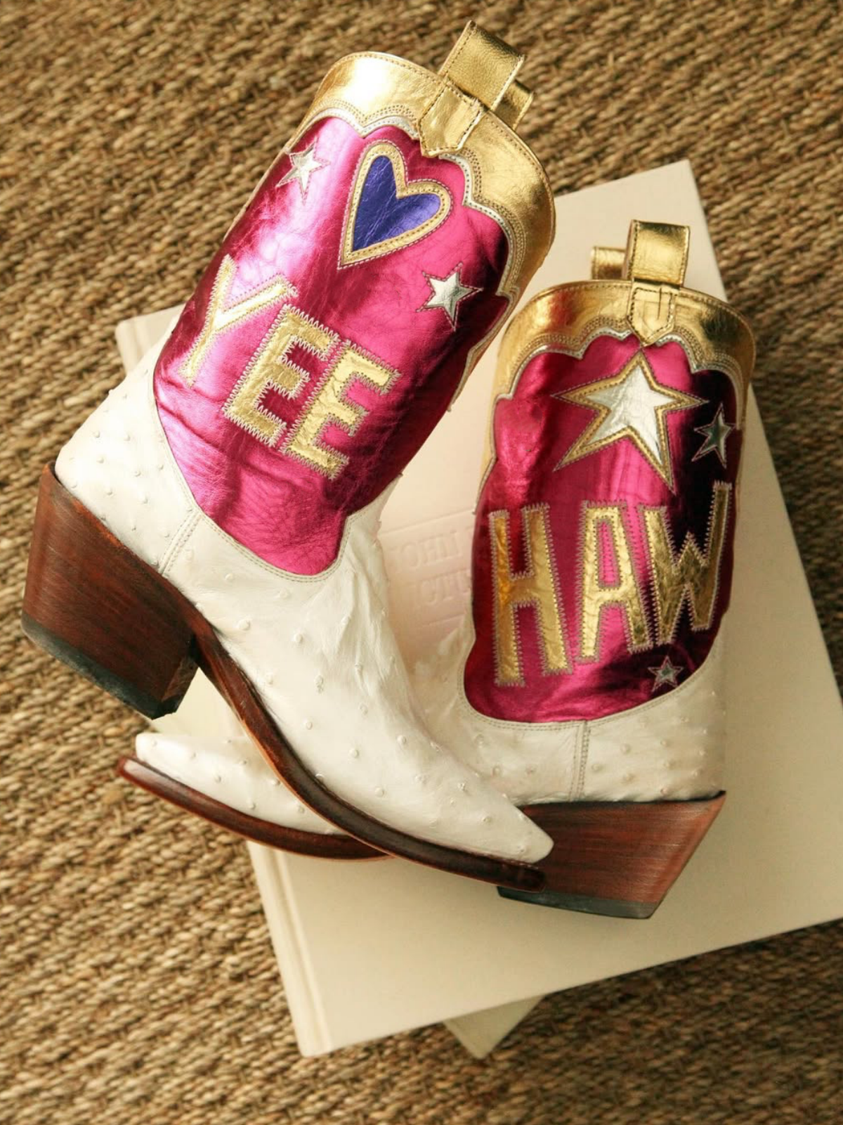 Contrast Tri-Color Ostrich-Textured And Metallic Vegan Leather Heart Star Letter Inlay Cowgirl Boots - Magenta