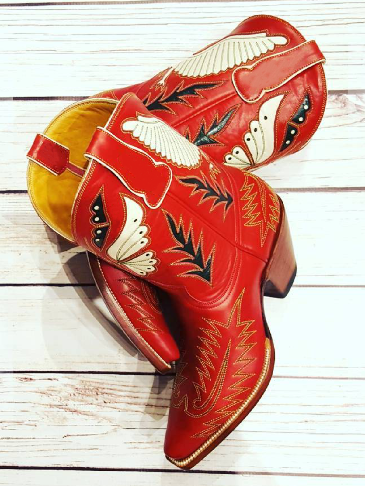 White Butterfly And Eagle Inlay Embroidery Snip-Toe Wide Mid Calf Cowgirl Boots In Red