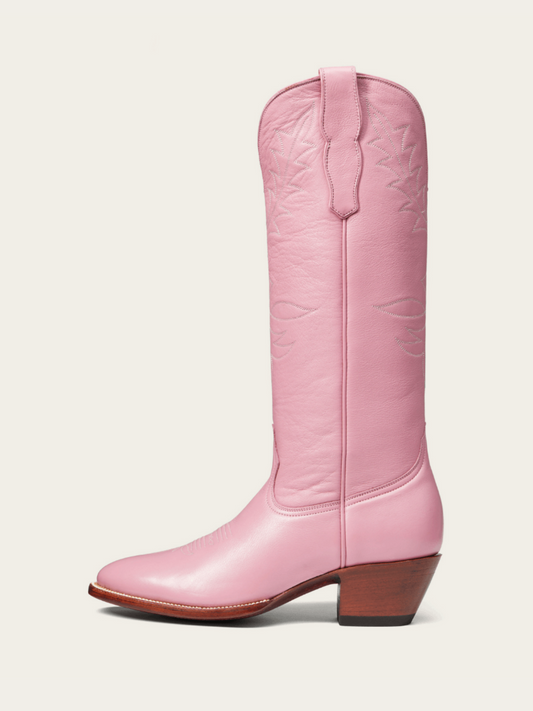 Pink Vegan Leather Embroidery Almond-Toe Wide Mid Calf Tall Cowgirl Boots