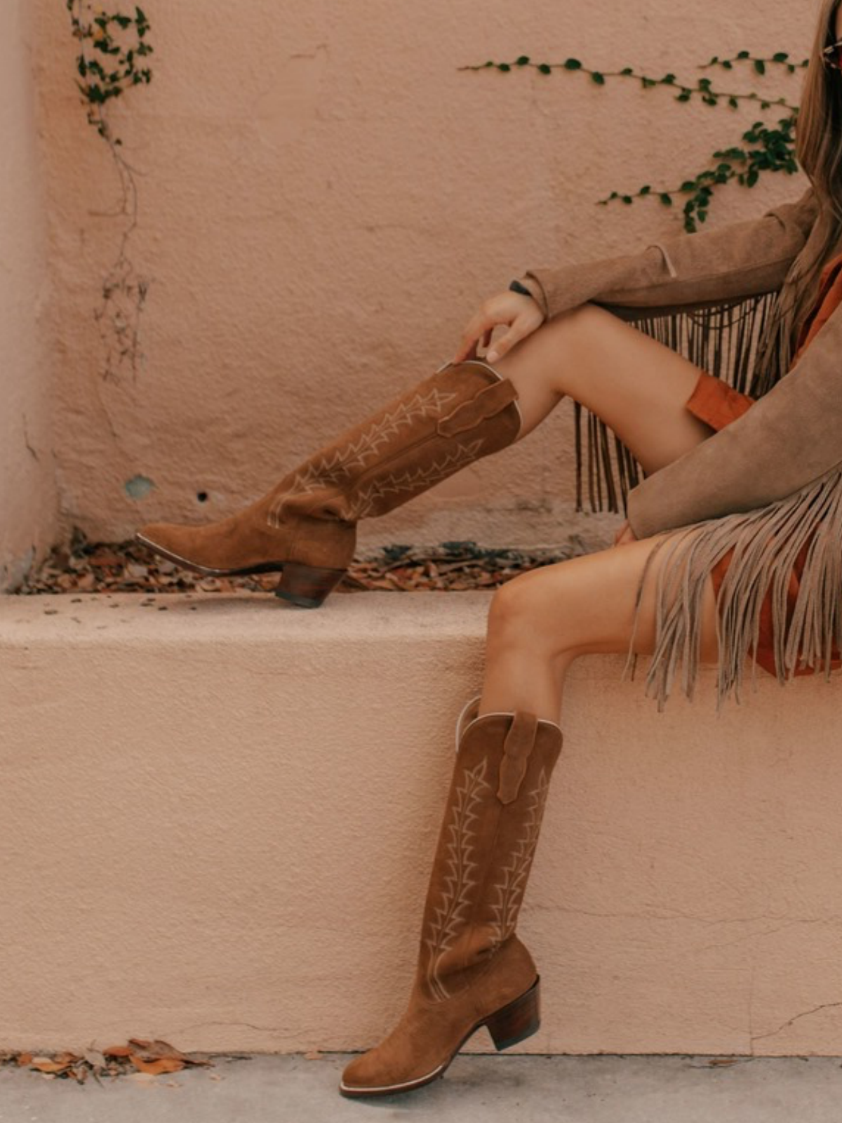 Brown Faux Suede Embroidery Almond-Toe Wide Mid Calf Tall Cowgirl Boots