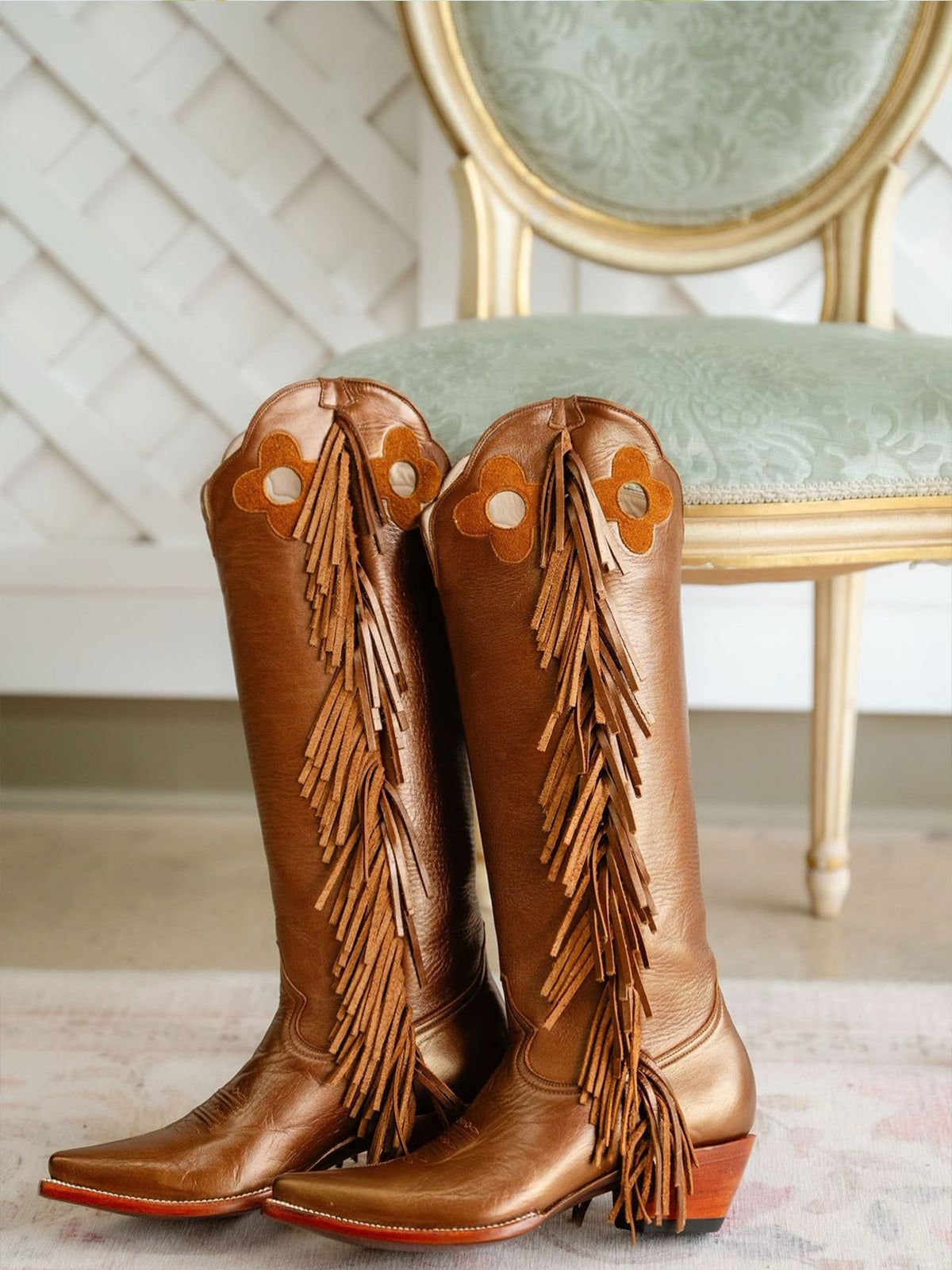 Bronze Pointed-Toe Side Fringes And Cutout Wide Calf Knee High Cowgirl Boots