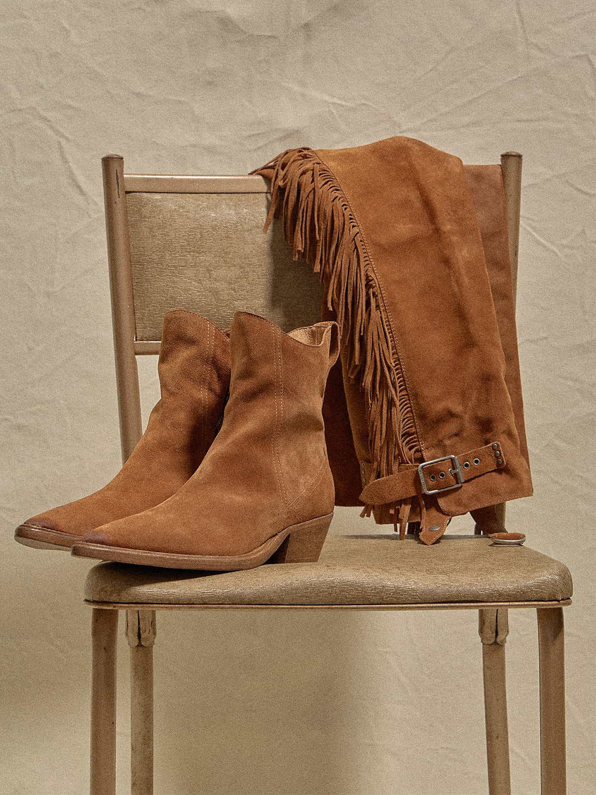 Tan Faux Suede Pointed-Toe Side Fringe Buckle Strap Over-The-Knee Cowgirl Boots