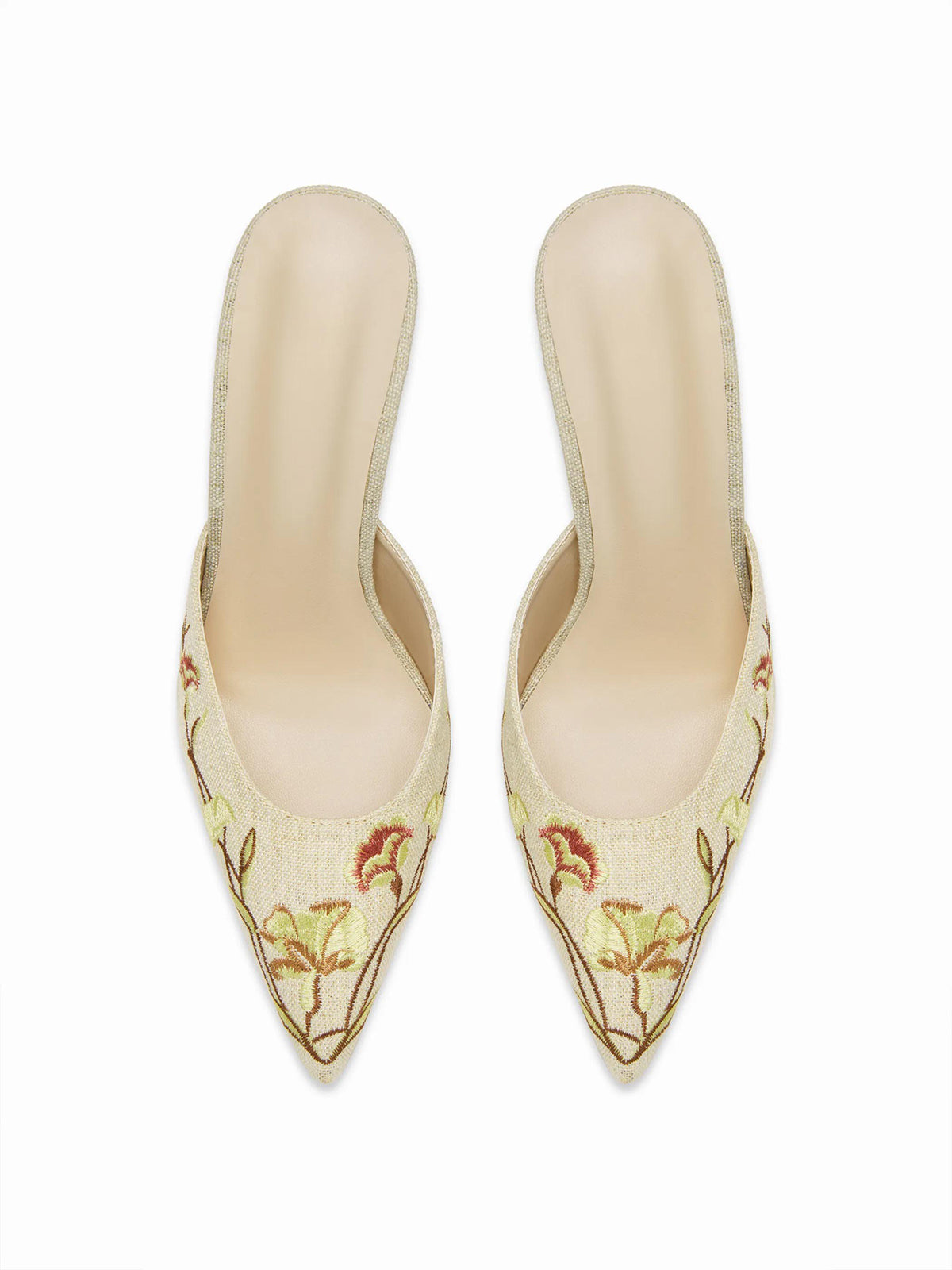 Beige Woven Canvas Pointed-Toe Flower Embroidery Slip-On High Heels