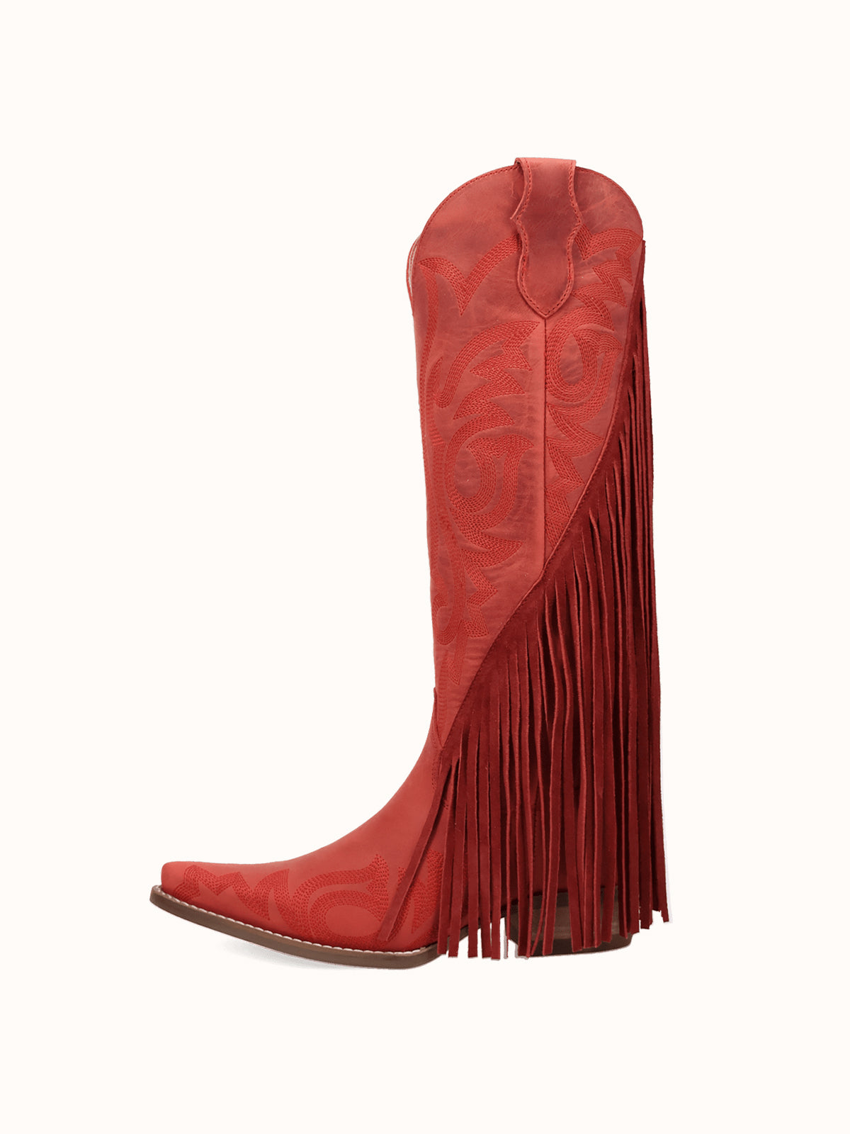 Red Snip-Toe Faux Suede Side Fringe Embroidery Wide Calf Knee High Cowgirl Boots
