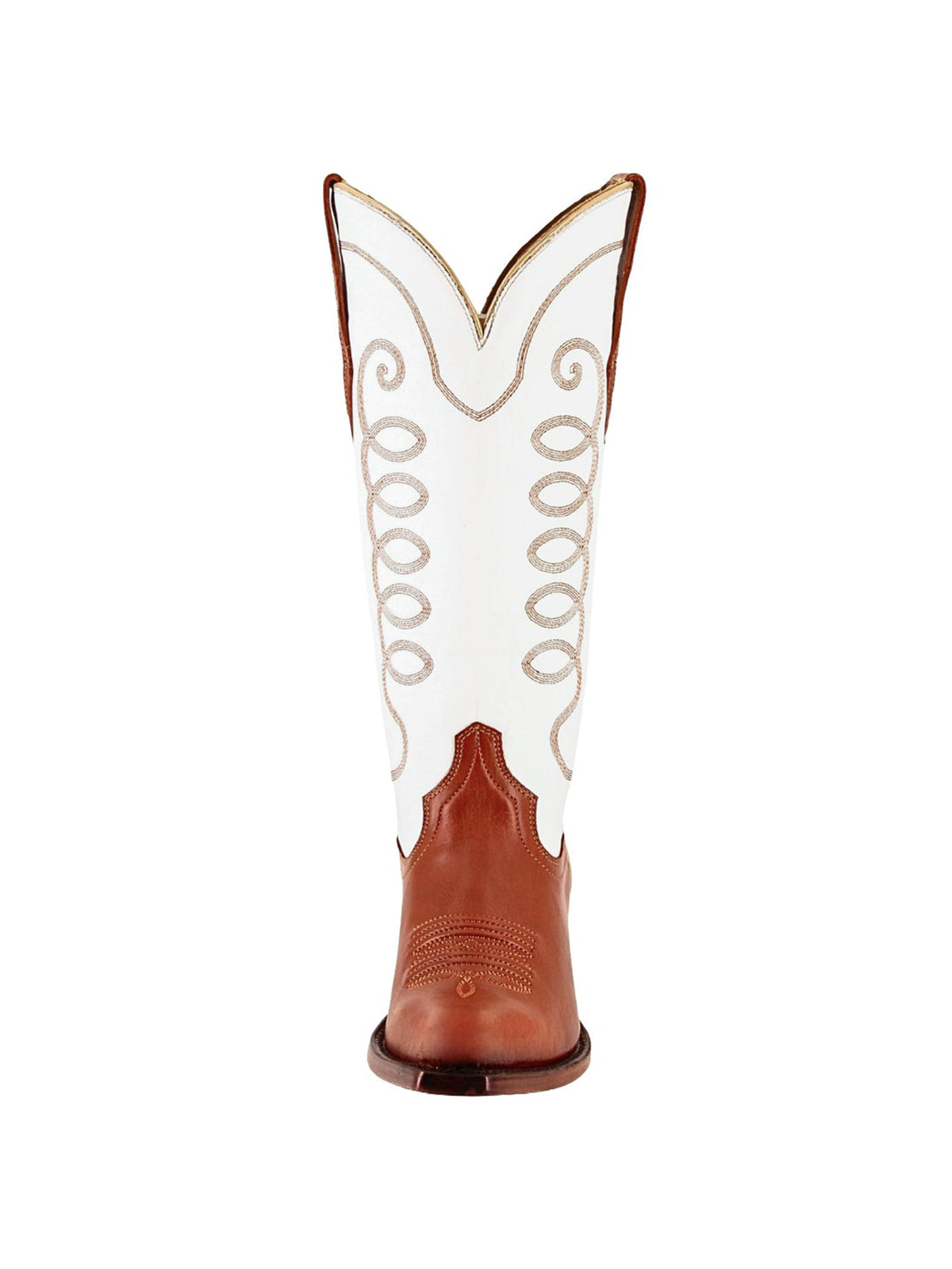 Contrast White And Caramel Snip-Toe Simple Embroidery Classic Mid Calf Cowgirl Boots