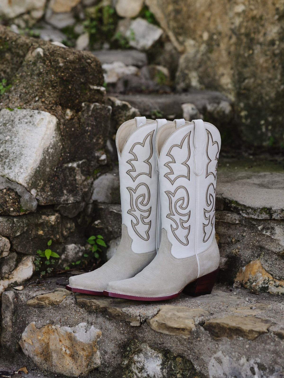 Bone Snip-Toe Stylish Inlay Classic Mid Calf Cowgirl Boots