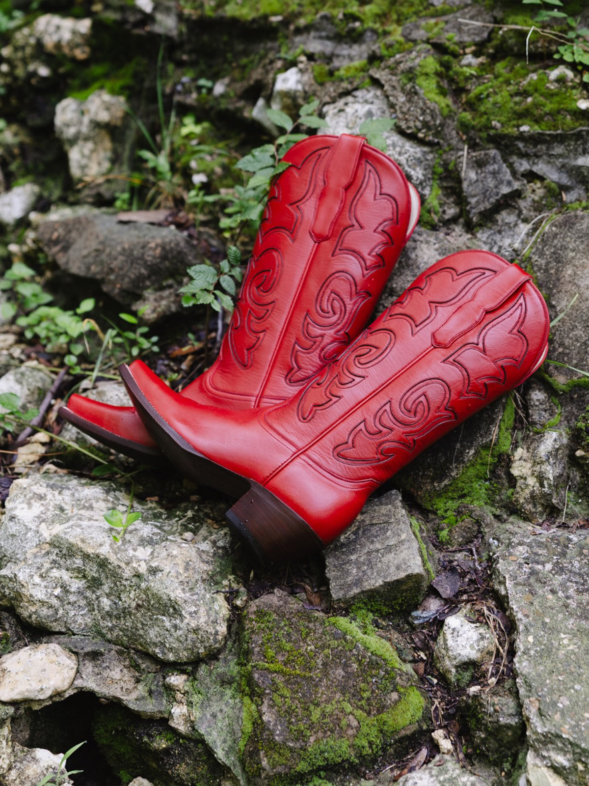 Red Snip-Toe Stylish Inlay Classic Mid Calf Cowgirl Boots