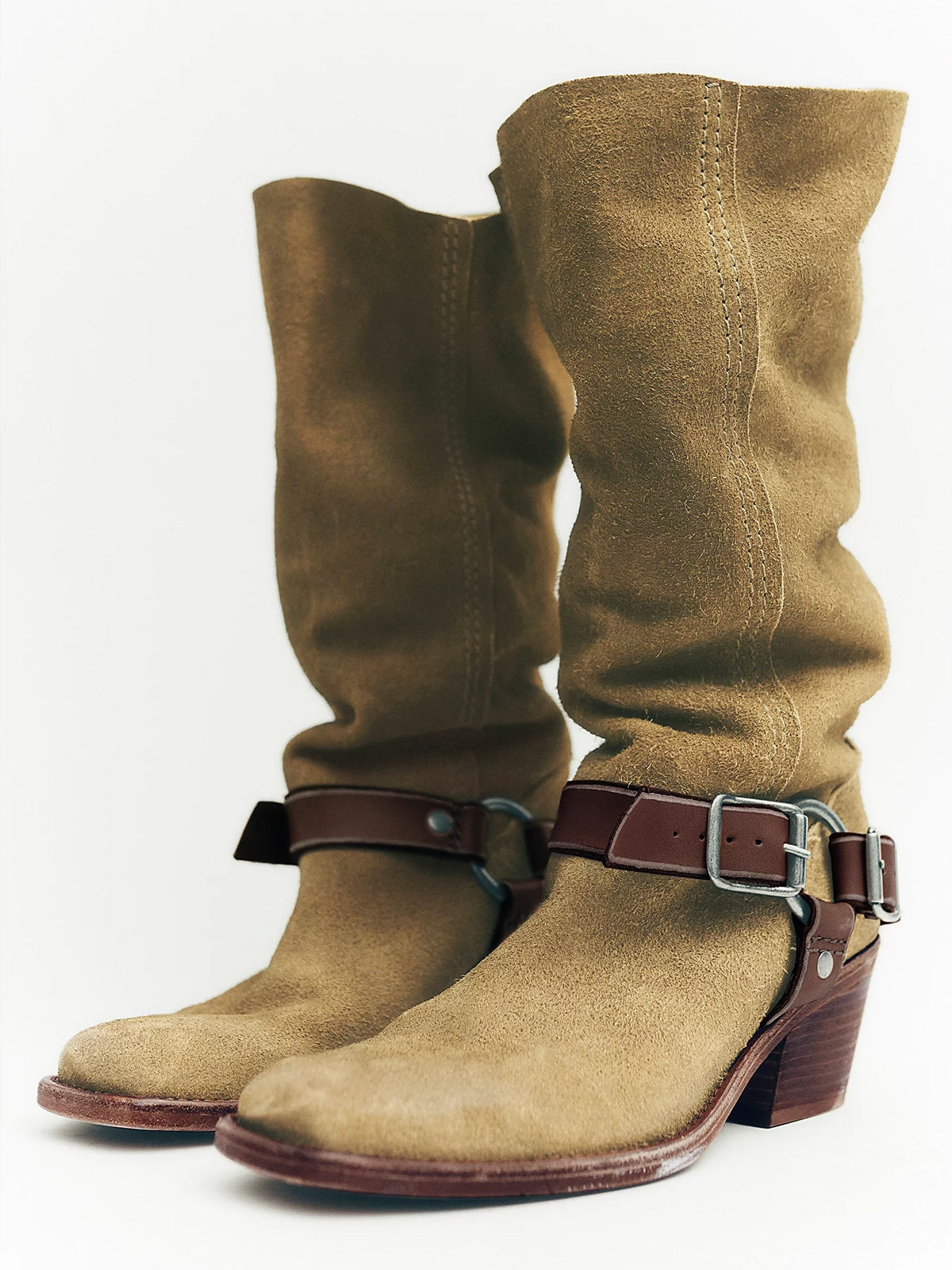 Beige Faux Suede Square-Toe Western Mid Calf Cowgirl Boots