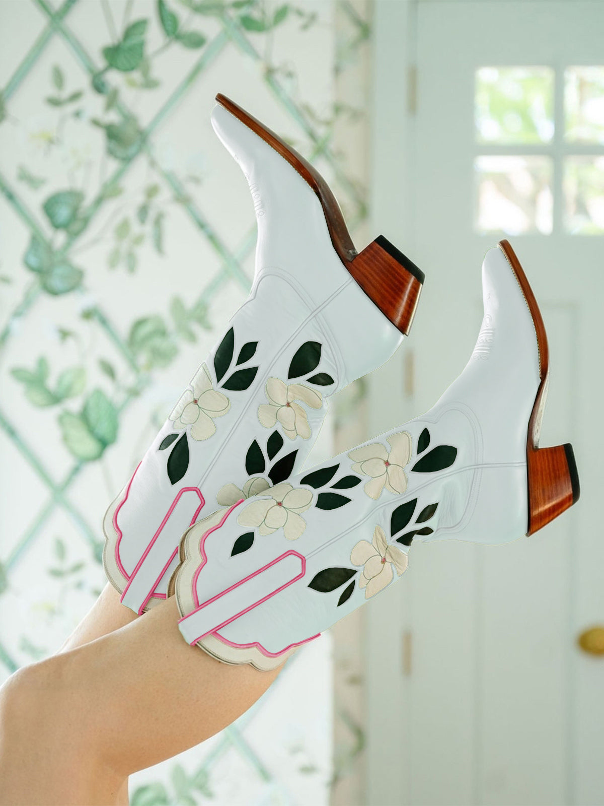 Mint Blue Almond-Toe White Flower Inlay Wide Calf Knee High Cowgirl Boots