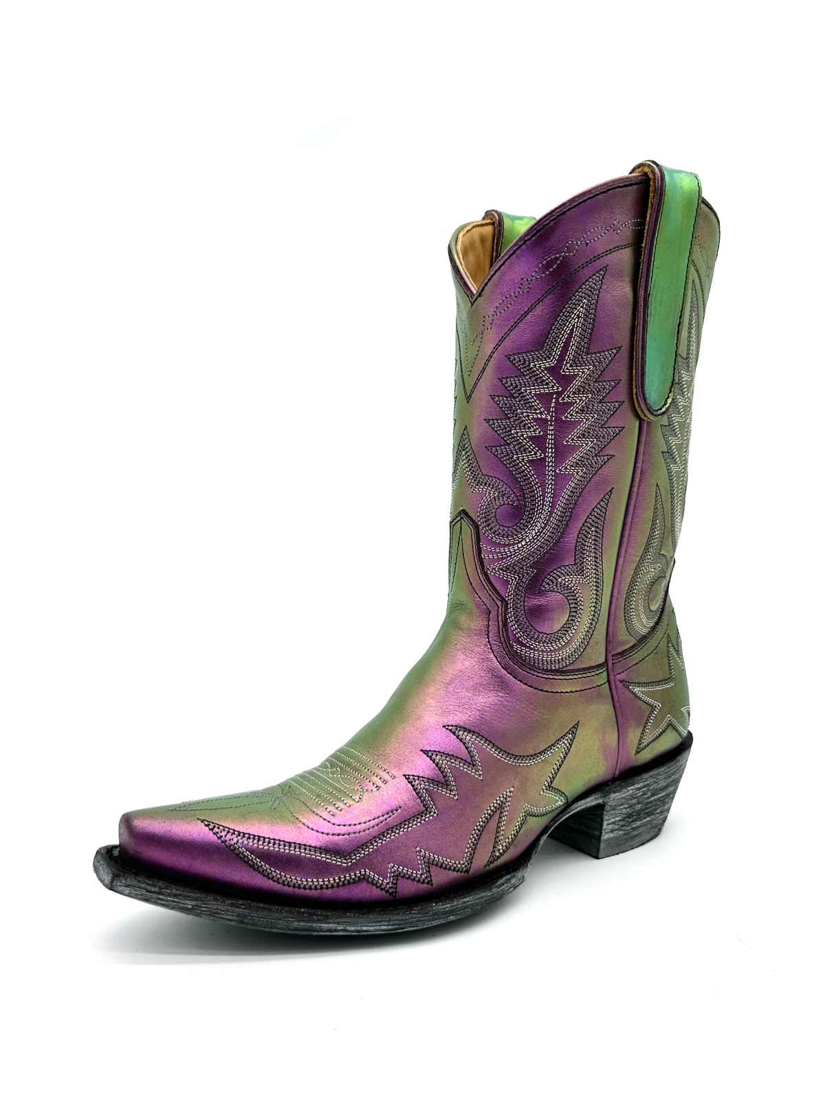 Metallic Iridescent Snip-Toe Embroidery Wide Mid Calf Cowgirl Boots