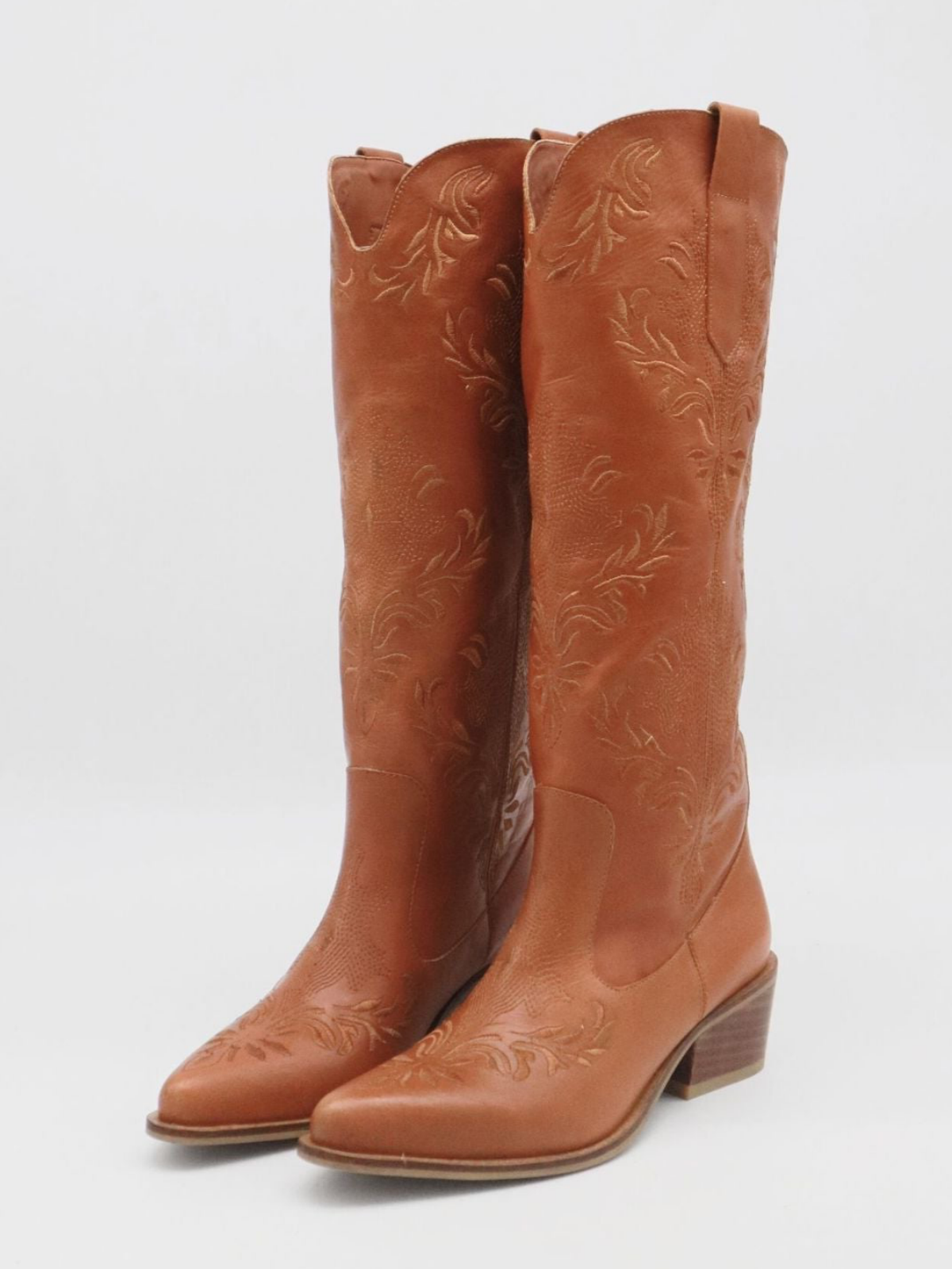 Tan Snip-Toe Filigree Embroidery Wide Mid Calf Tall Cowgirl Boots