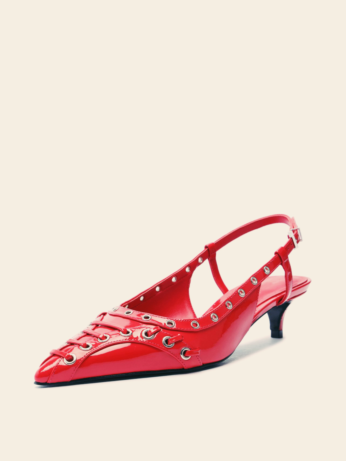 Red Patent Strappy Eyelet Pointy Kitten Heels Slingback Pumps