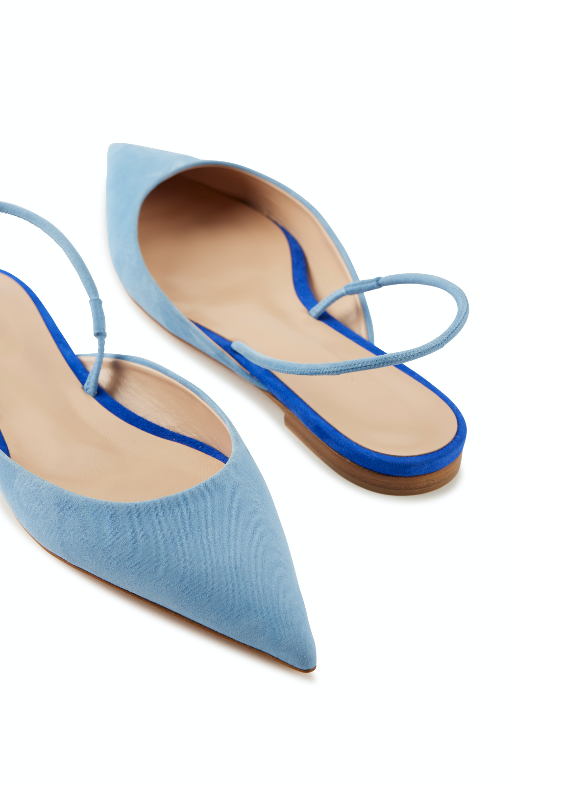 Blue Faux Suede Pointy Comfy Slingback Flats With Contrast Insole