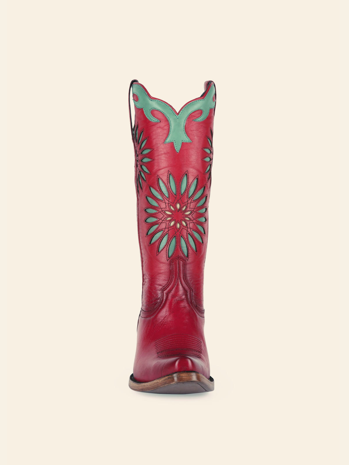 Retro Red Snip-Toe Stitch Mid Calf Western Boots With Green Applique Flower Inlay