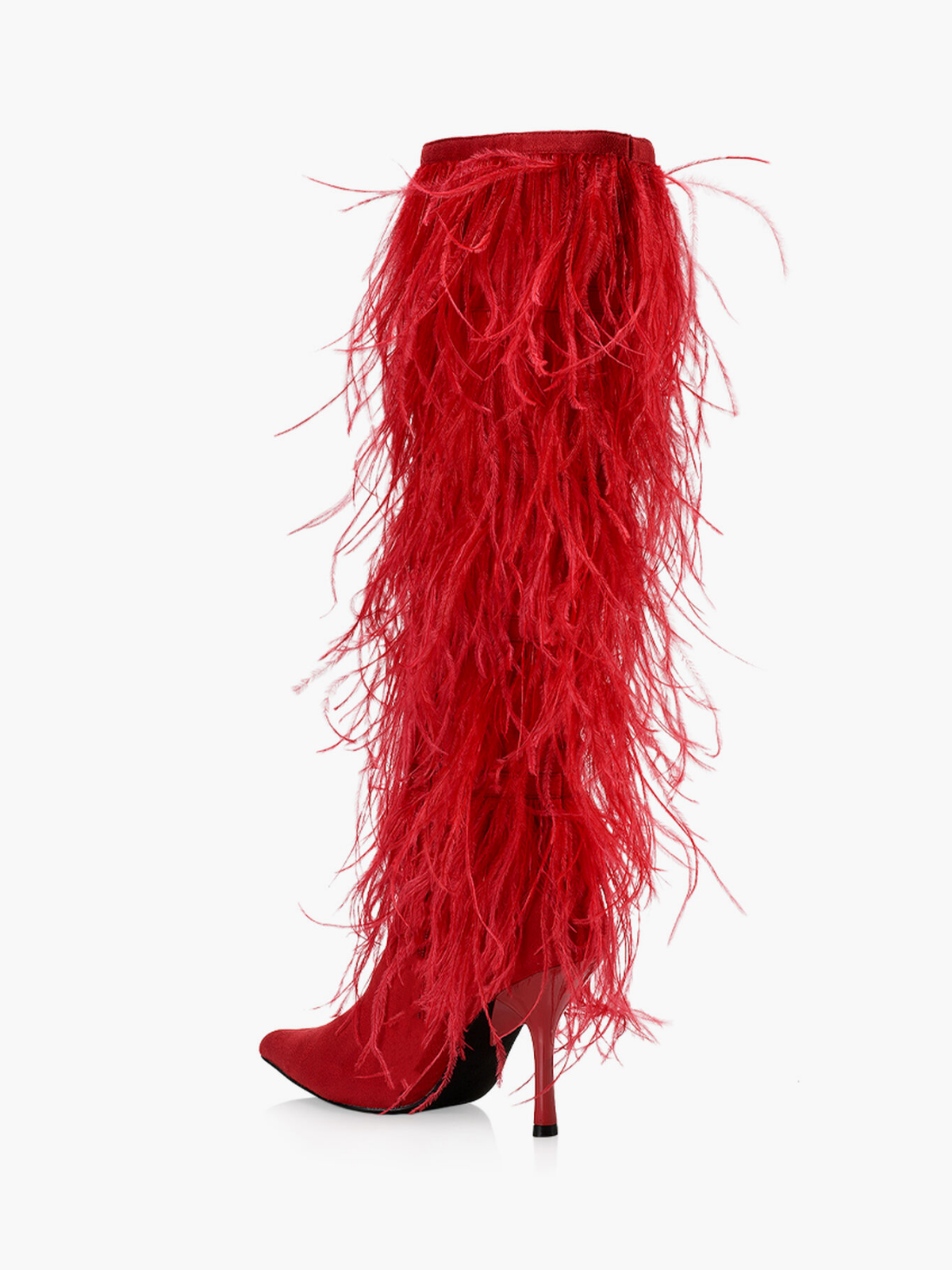 Faux Suede Pointed-Toe Faux Feather Wide Mid Calf Stiletto Boots - Red