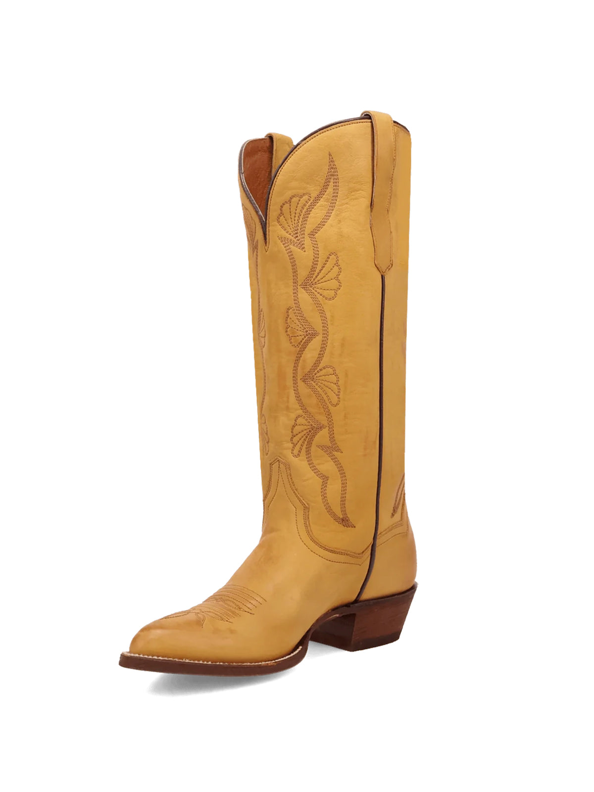 Mustard Yellow Almond-Toe Fan-Shaped Embroidery Wide Knee High Cowgirl Boots