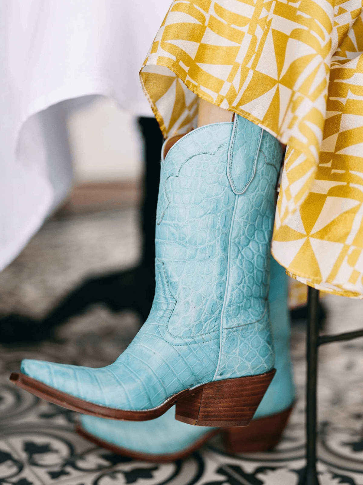 Snip-Toe Wide Mid Calf Cowgirl Boots - Blue Crocodile-Embossed Vegan Leather