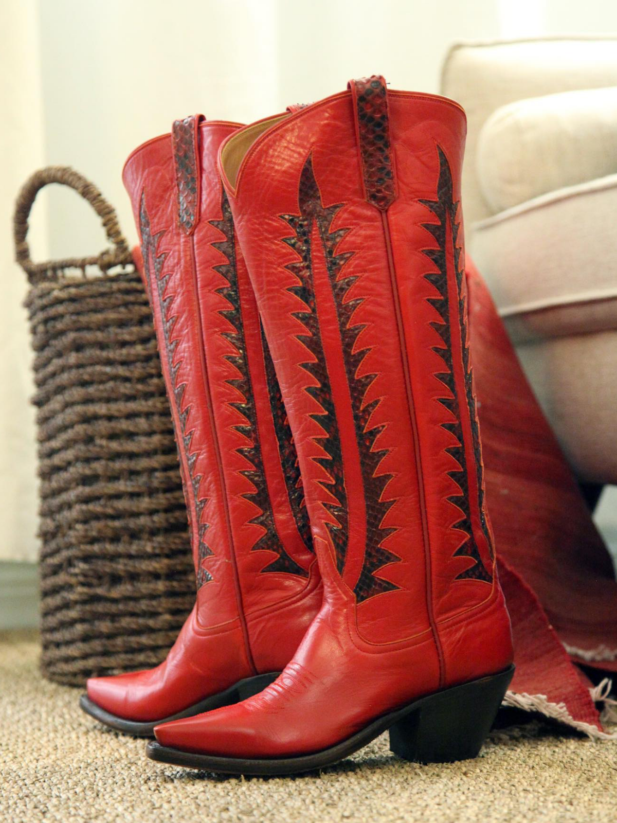 Red Snip-Toe Snakeskin Inlay Wide Calf Tall Knee High Cowgirl Boots