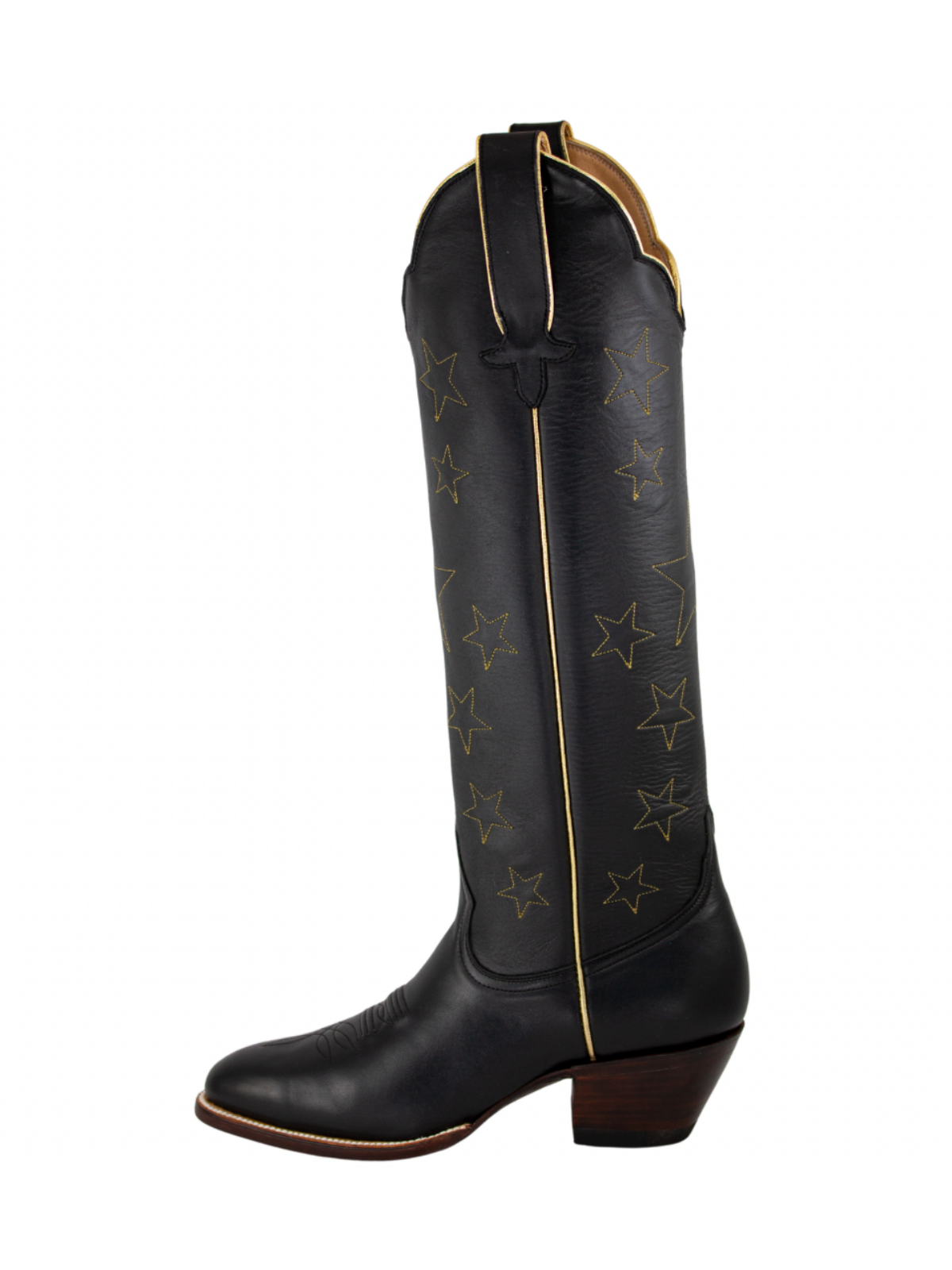 Almond-Toe Stars Embroidery Wide Calf Knee High Cowgirl Boots - Black