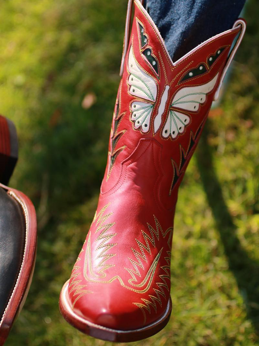 White Butterfly And Eagle Inlay Embroidery Snip-Toe Ankle Cowgirl Boots In Red