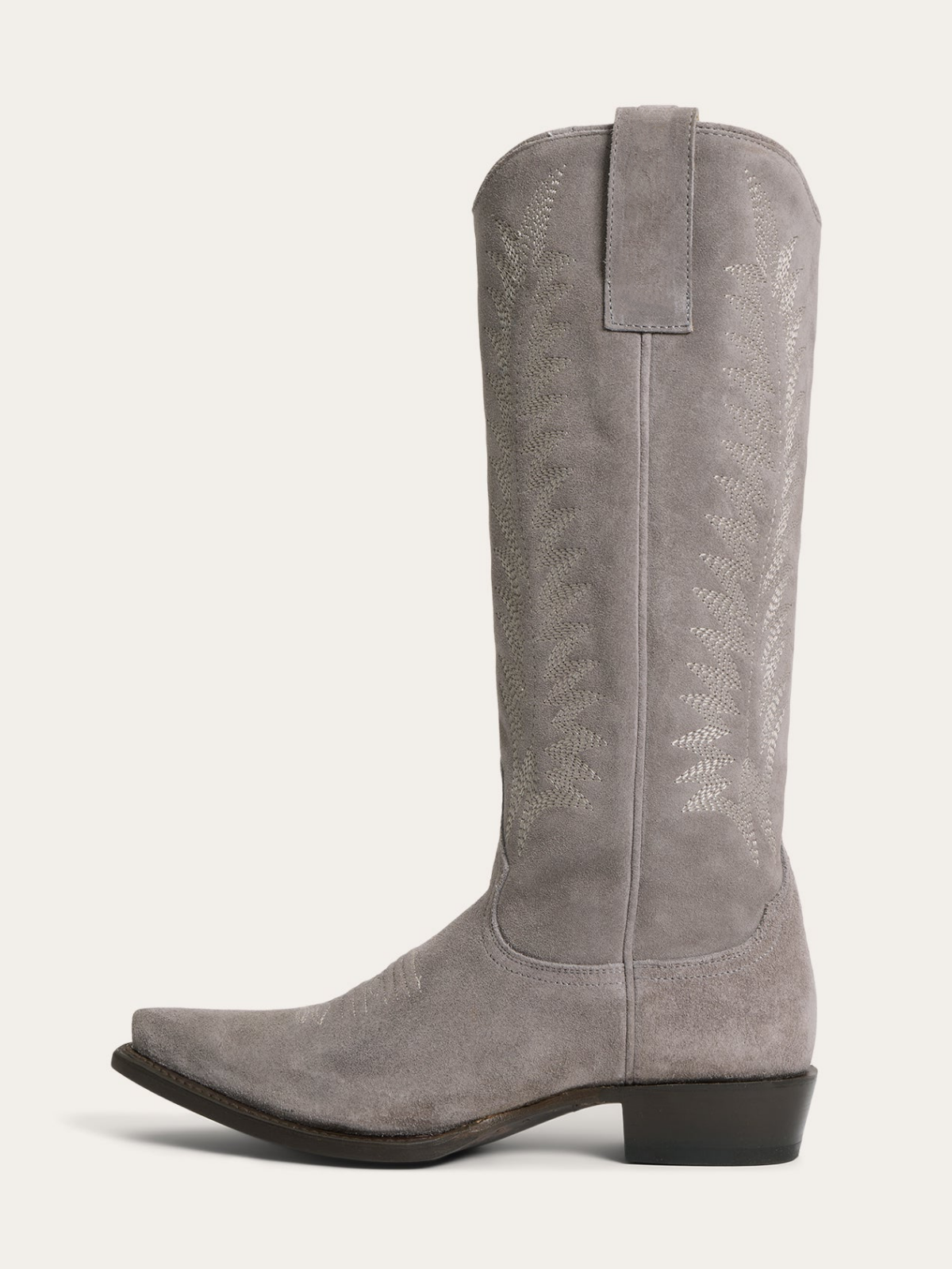 Gray Faux Suede Snip-Toe Classic Embroidery Wide Mid Calf Tall Cowgirl Boots