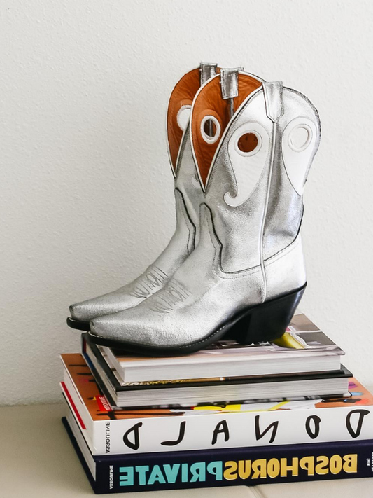 Metallic Silver Cutout Snip-Toe Wide Mid Calf Cowgirl Boots With White Paisley