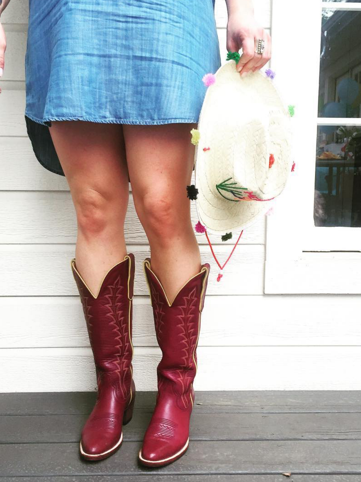 Brick Red Vegan Leather Embroidery Almond-Toe Wide Mid Calf Tall Cowgirl Boots