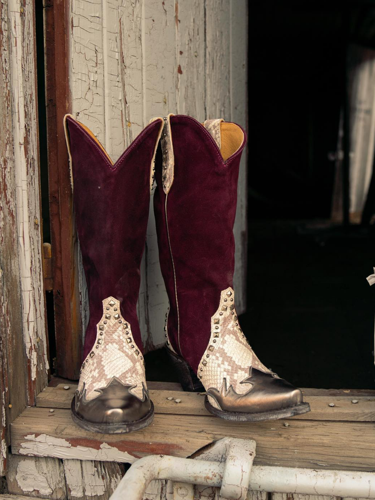 Contrast Snakeskin And Wine Red Faux Suede Studded Applique Snip-Toe Wide Mid Calf Cowgirl Boots