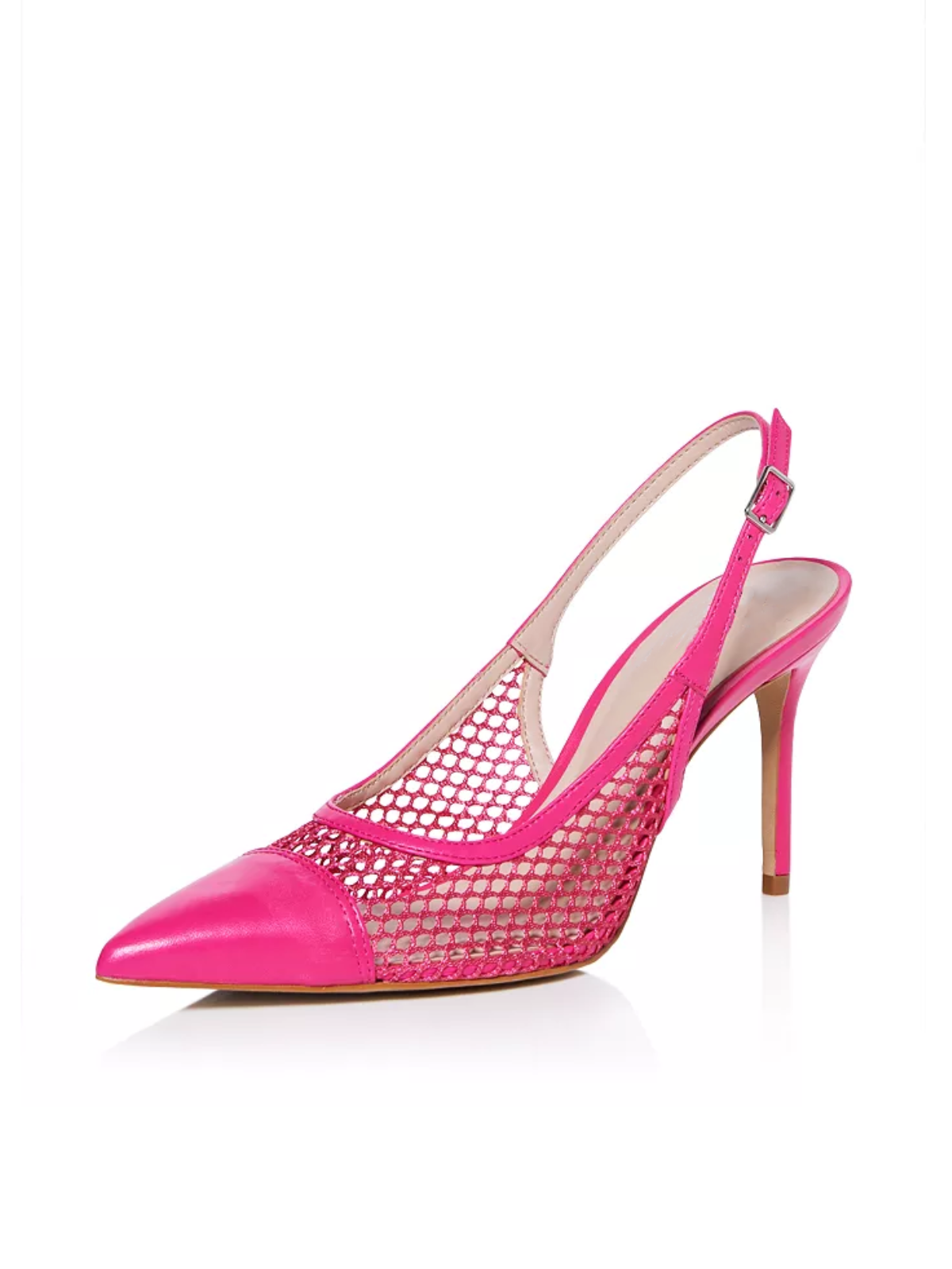 Hot Pink Buckle Pointed-Toe Stiletto Heel Slingback Pumps in Mesh & Vegan Leather