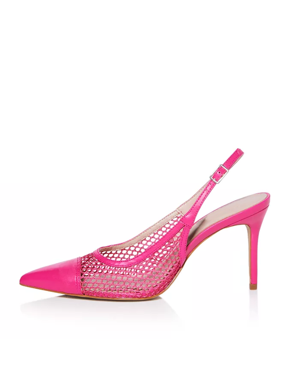 Hot Pink Buckle Pointed-Toe Stiletto Heel Slingback Pumps in Mesh & Vegan Leather