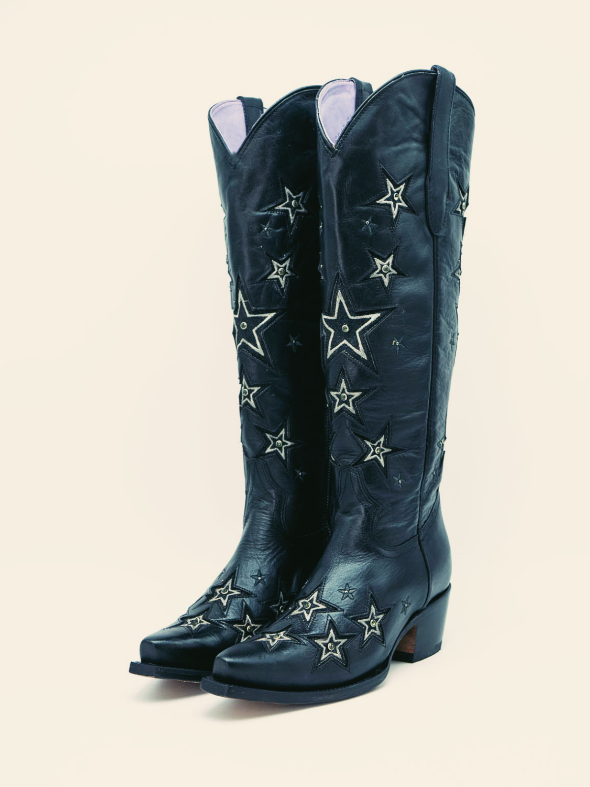 Black Star Inlay Rhinestone Snip-Toe Zip Knee High Western Boots Cowgirl Tall Boots