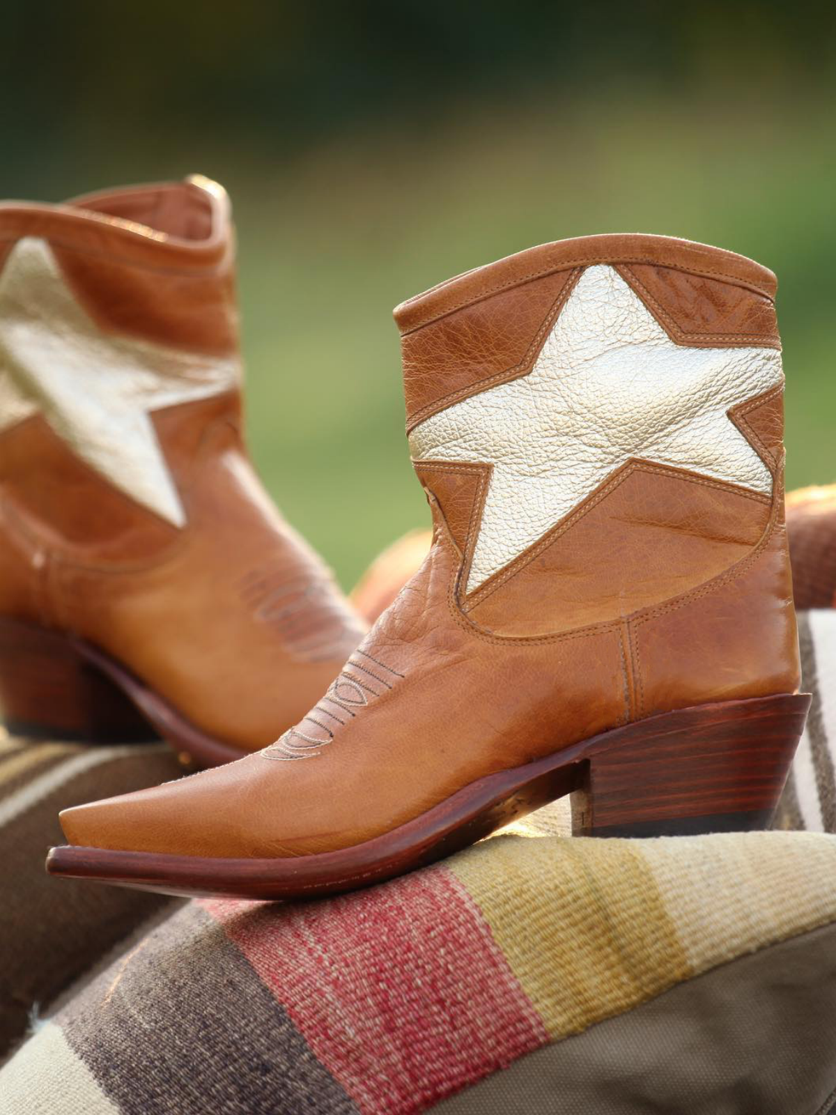 Brown Snip-Toe Cowgirl Ankle Booties With Metallic Gold Big Star Inlay