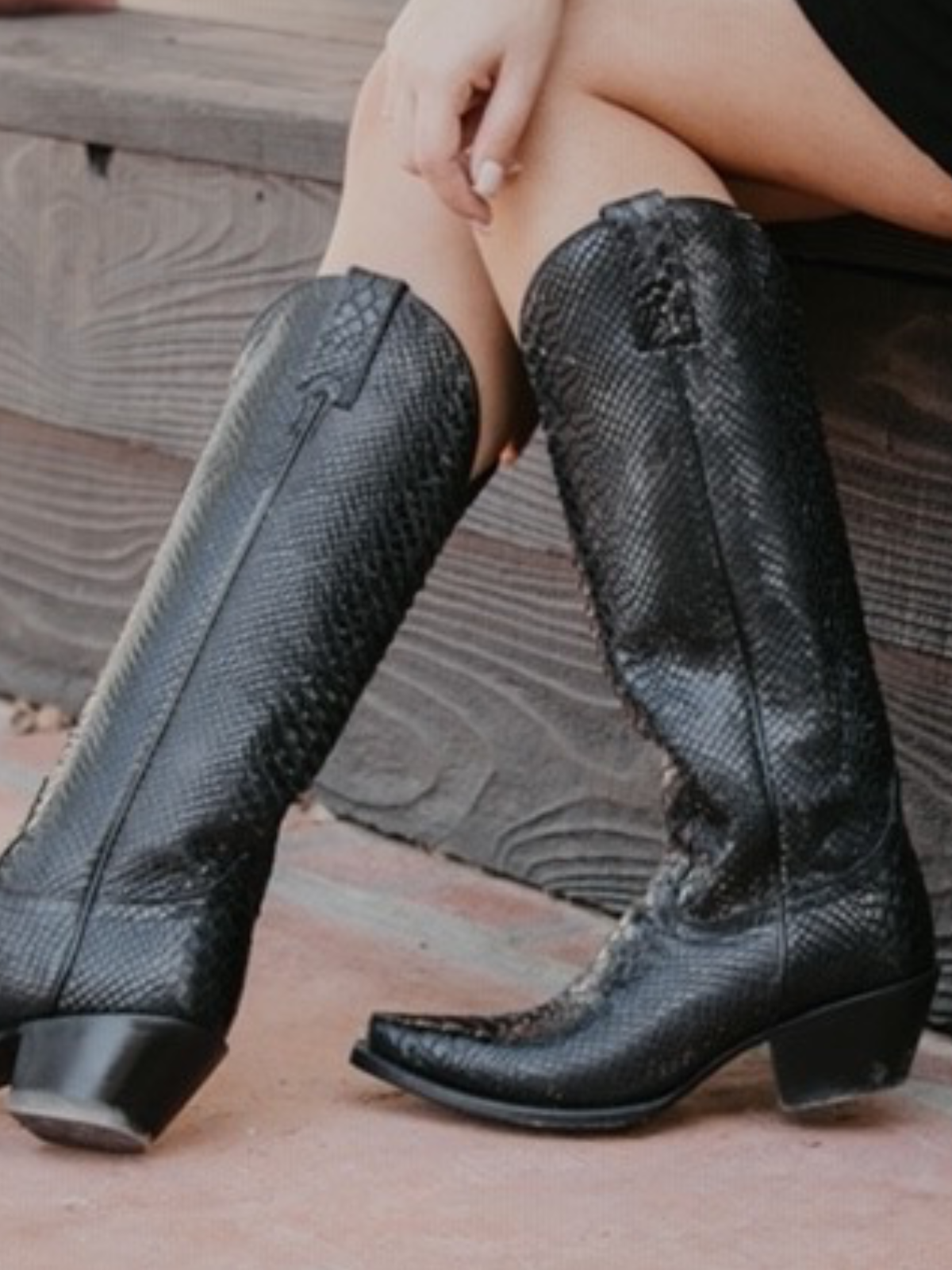 Black Snakeskin Snip-Toe Wide Mid Calf Tall Cowgirl Boots