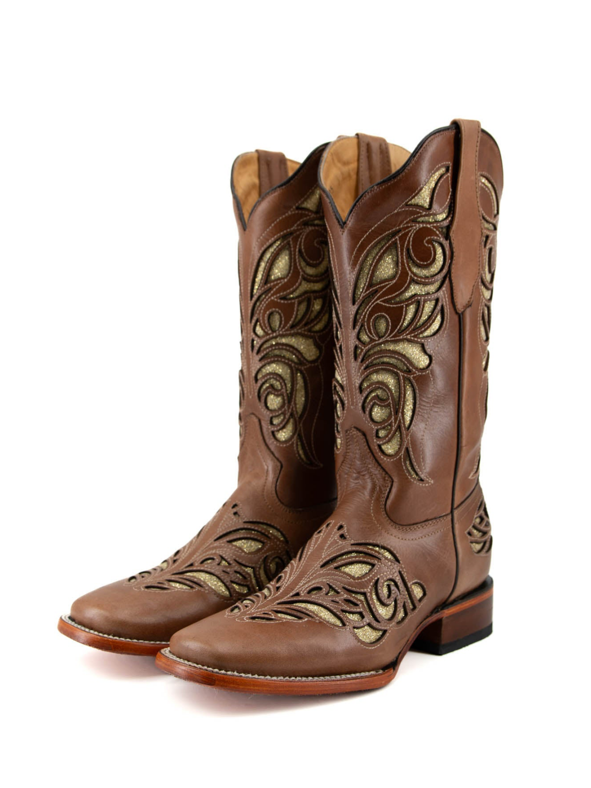 Brown Square-Toe Inlay Giltter Wide Mid Calf Cowgirl Boots