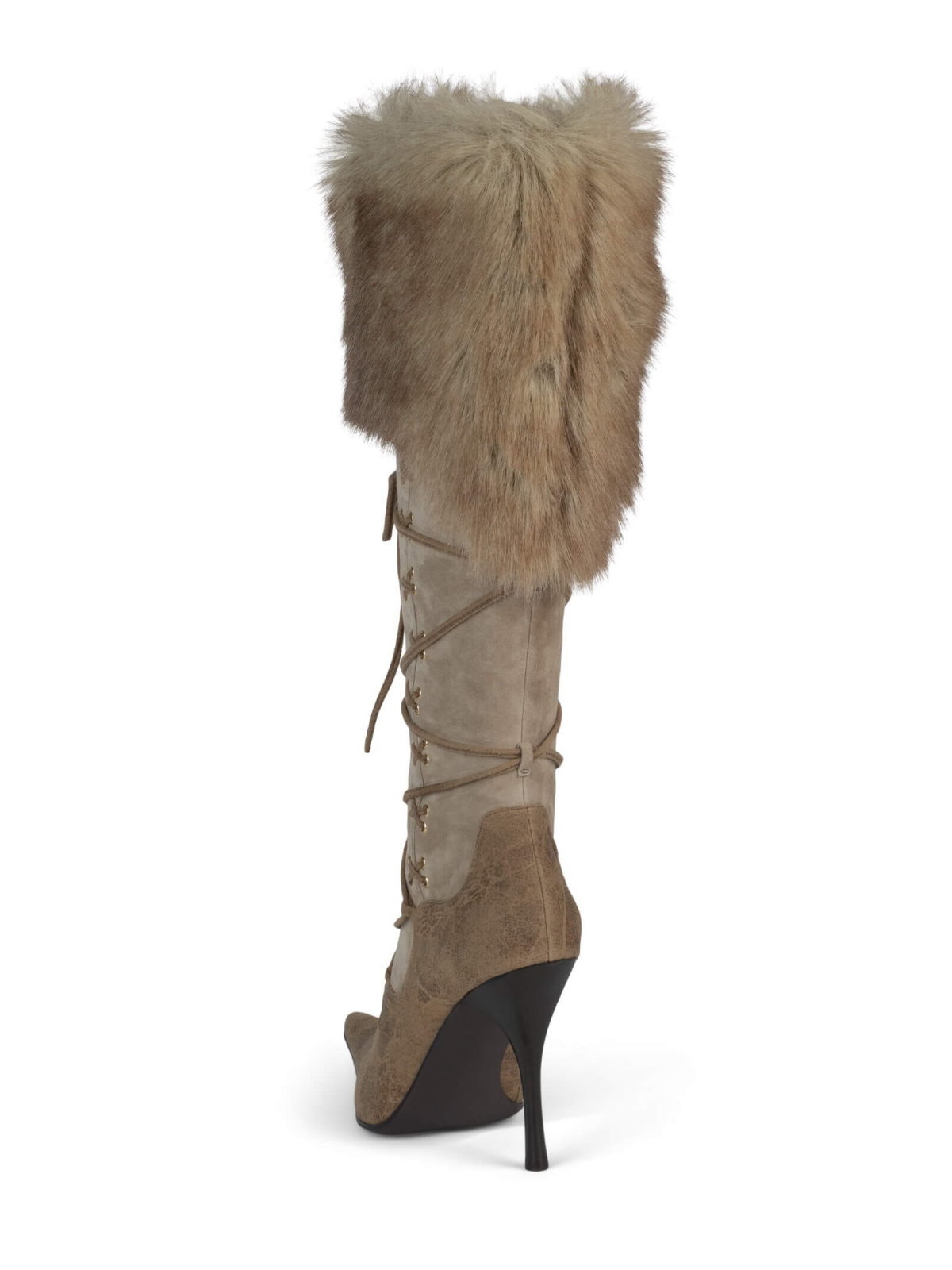 Contrast Brown And Beige Full-Zip Mid Calf Stiletto Boots With Lace-Up And Plush Collar