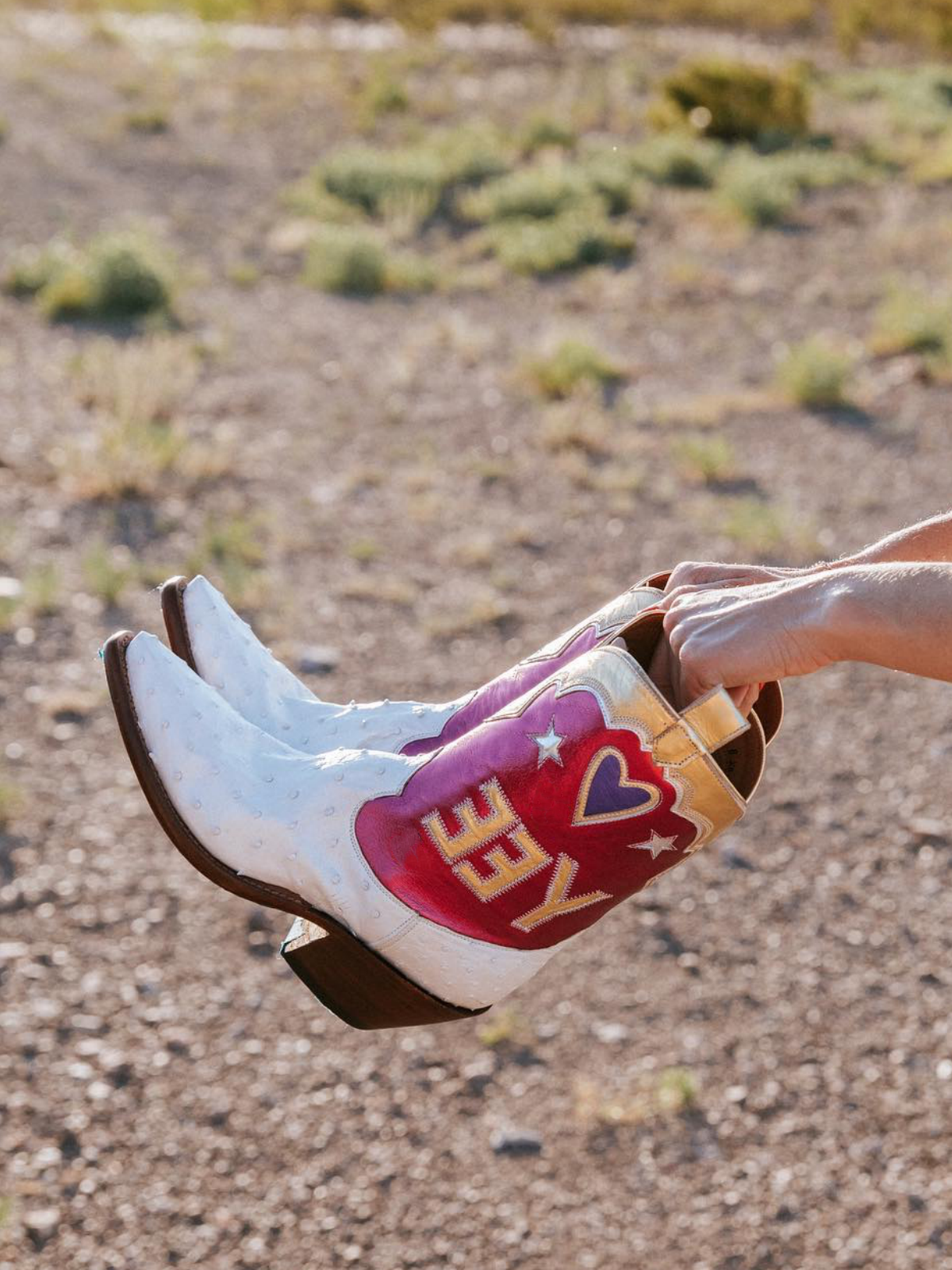 Contrast Tri-Color Ostrich-Textured And Metallic Vegan Leather Heart Star Letter Inlay Cowgirl Boots - Magenta