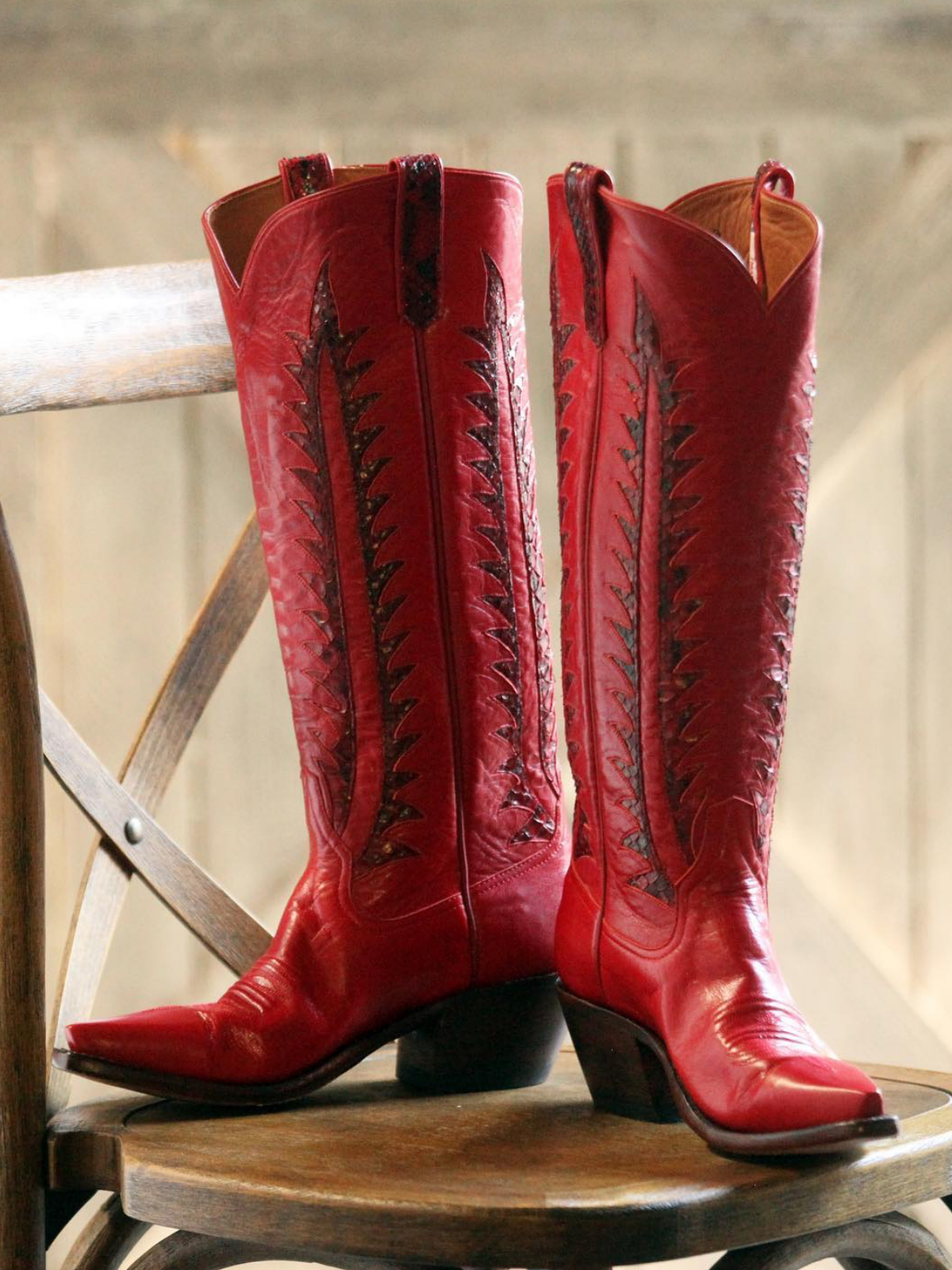 Red Snip-Toe Snakeskin Inlay Wide Calf Tall Knee High Cowgirl Boots