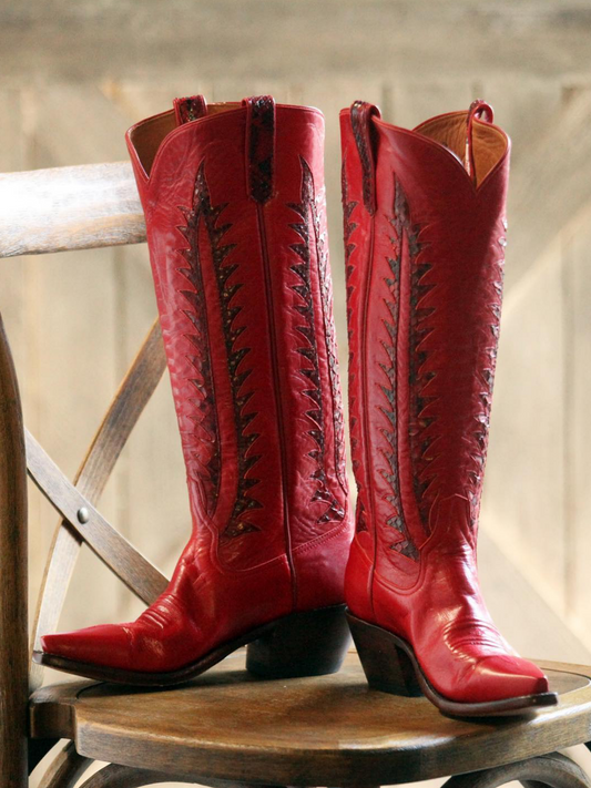 Red Snip-Toe Snakeskin Inlay Wide Calf Tall Knee High Cowgirl Boots