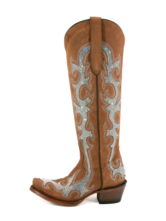 Rhinestone Embroidery Snip-Toe Half-Zip Knee High Tall Cowgirl Boots - Copper