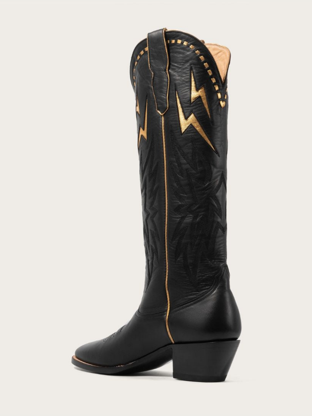 Metallic Gold Lightning Inlay Stitch Embroidery Almond-Toe Wide Mid Calf Tall Cowgirl Boots - Black