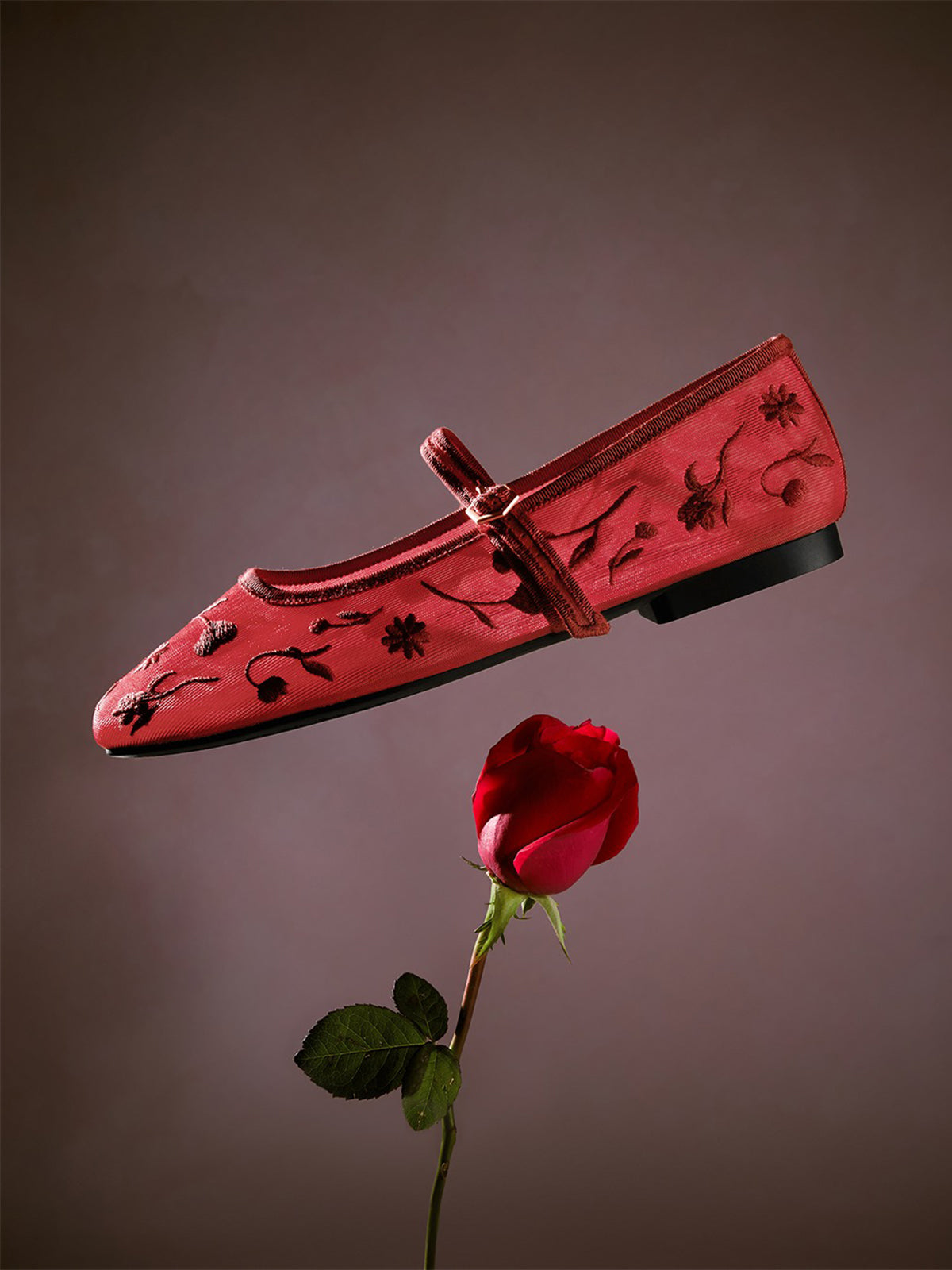 Mesh And Satin Square-Toe Floral Embroidery Mary Jane Flats - Red