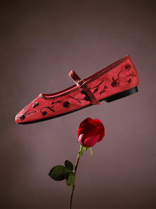 Mesh And Satin Square-Toe Floral Embroidery Mary Jane Flats - Red