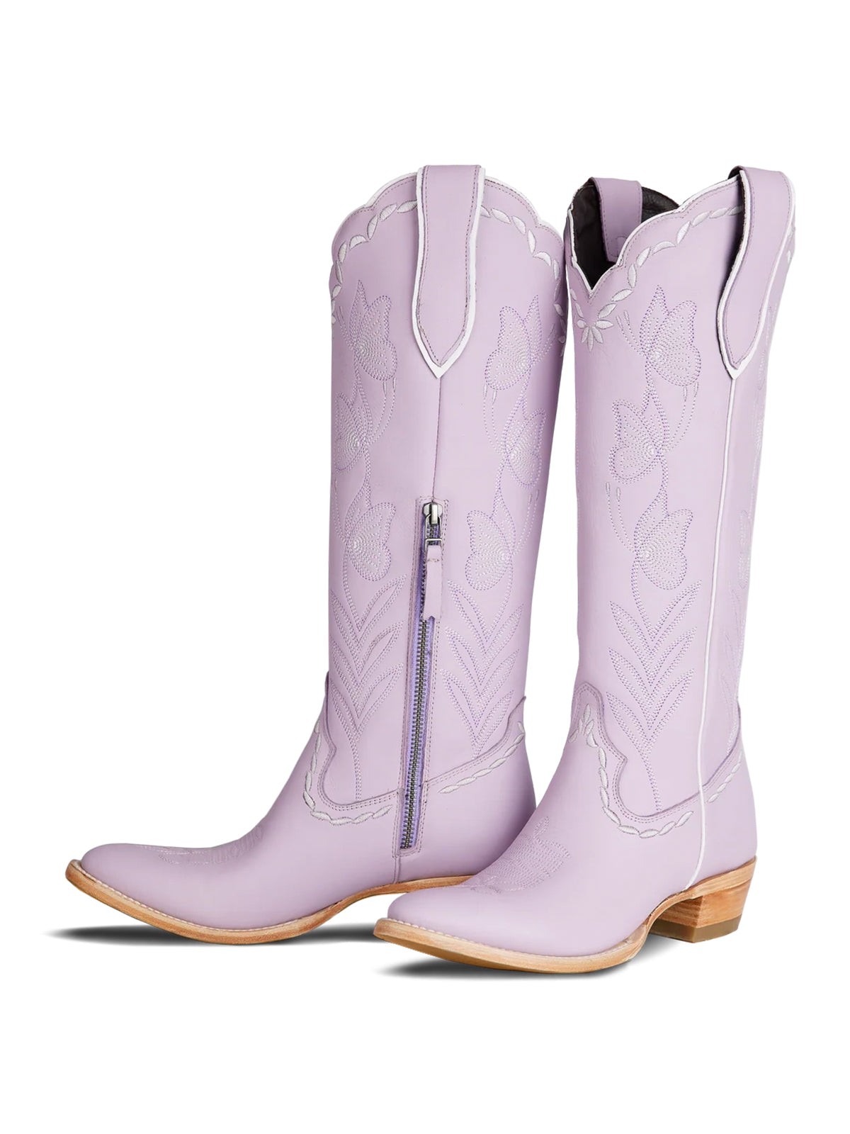 Almond-Toe Elegant Flowers Embroidery Knee High Half-Zip Cowgirl Boots - Lavender