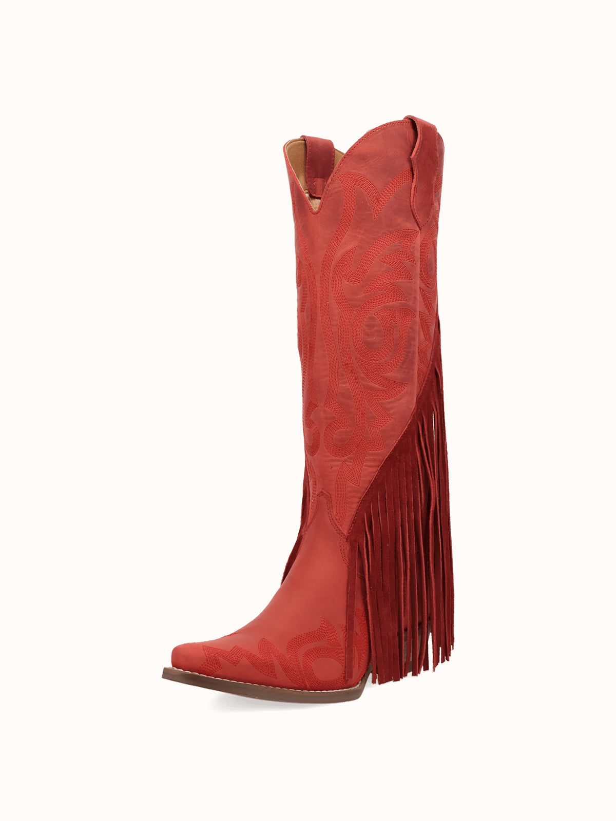 Red Snip-Toe Faux Suede Side Fringe Embroidery Wide Calf Knee High Cowgirl Boots