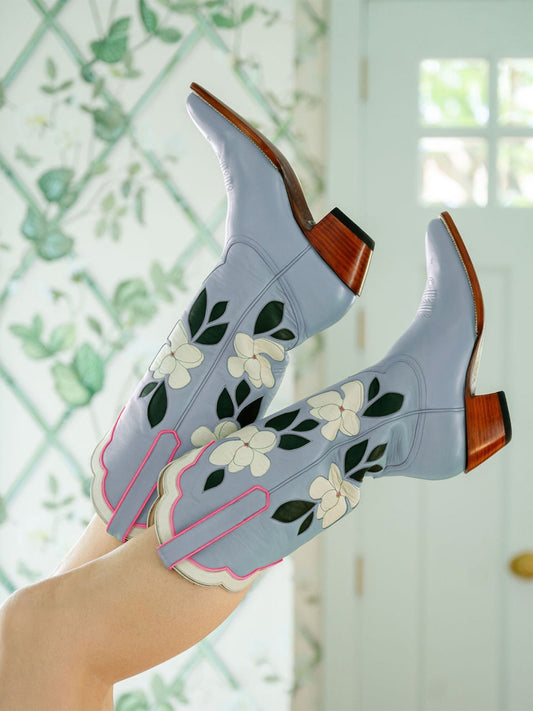 Blue Almond-Toe White Flower Inlay Wide Calf Knee High Cowgirl Boots