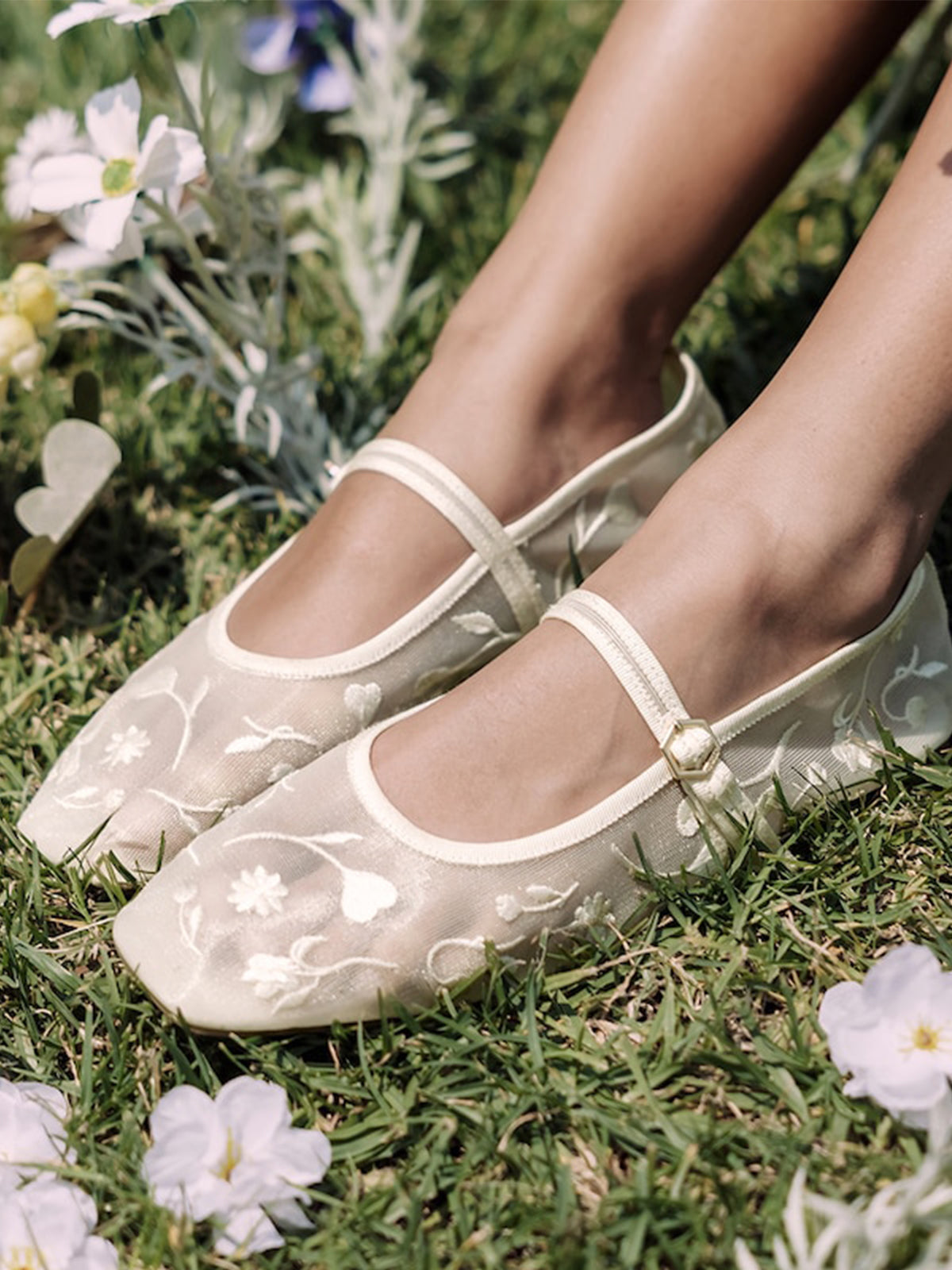 Mesh And Satin Square-Toe Floral Embroidery Mary Jane Flats - Cream