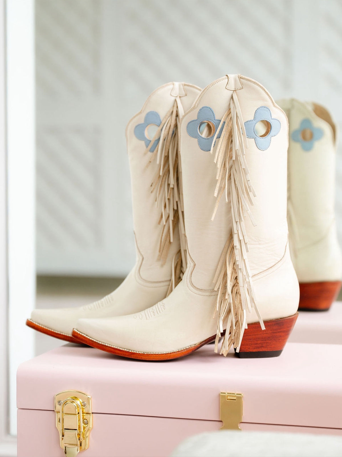 Bone Pointed-Toe Side Fringes And Cutout Mid Calf Cowgirl Boots