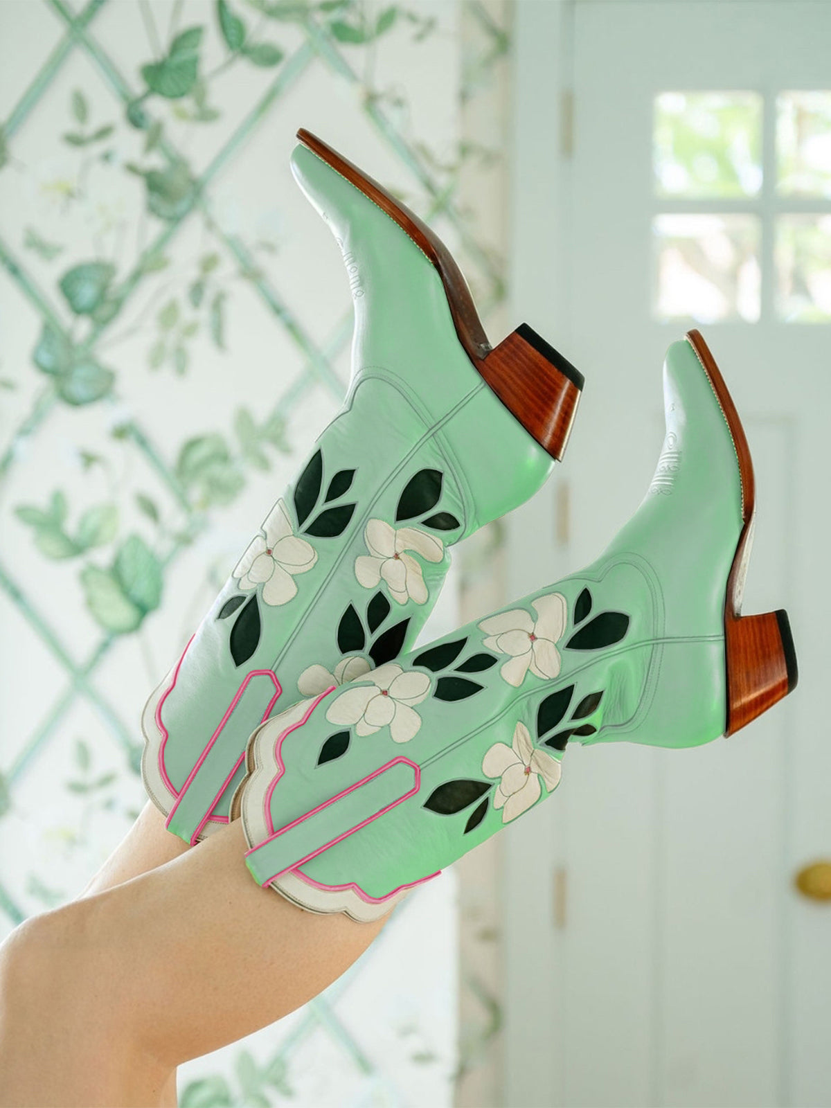 Mint Green Almond-Toe White Flower Inlay Wide Calf Knee High Cowgirl Boots
