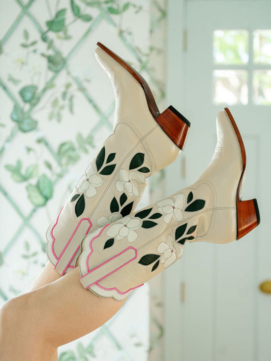 Cream Almond-Toe White Flower Inlay Wide Calf Knee High Cowgirl Boots